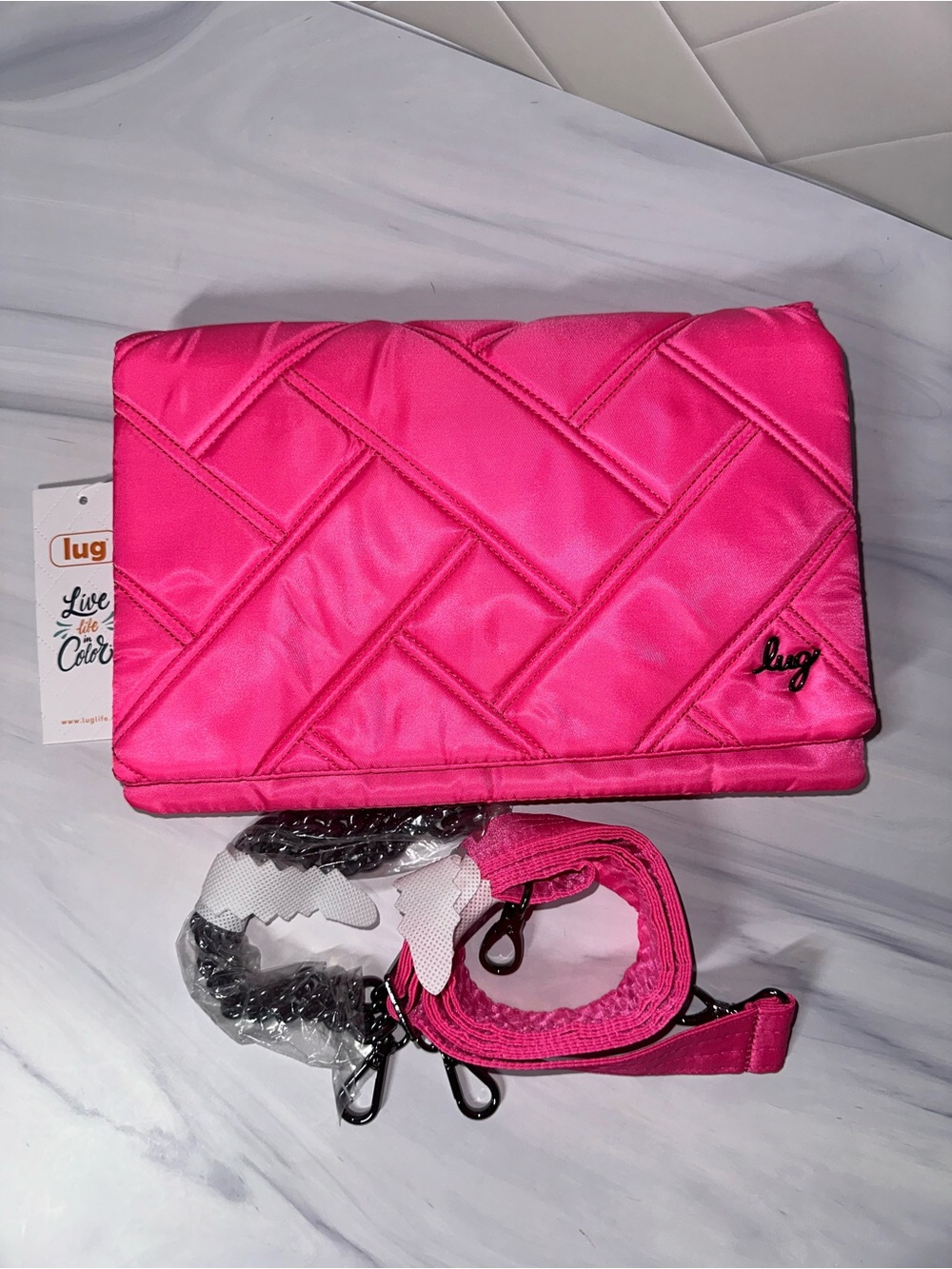Lug Huddle clutch crossbody Magenta Pink 2 straps New